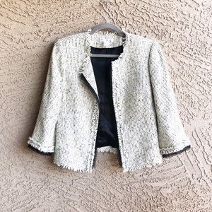 WHBM Cropped Tweed Fringe Open Blazer Jacket